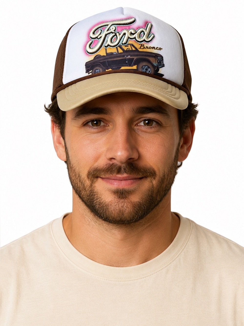 Ford Bronco Vintage Trucker Hat H3 Snapback Tan Brown Graphic